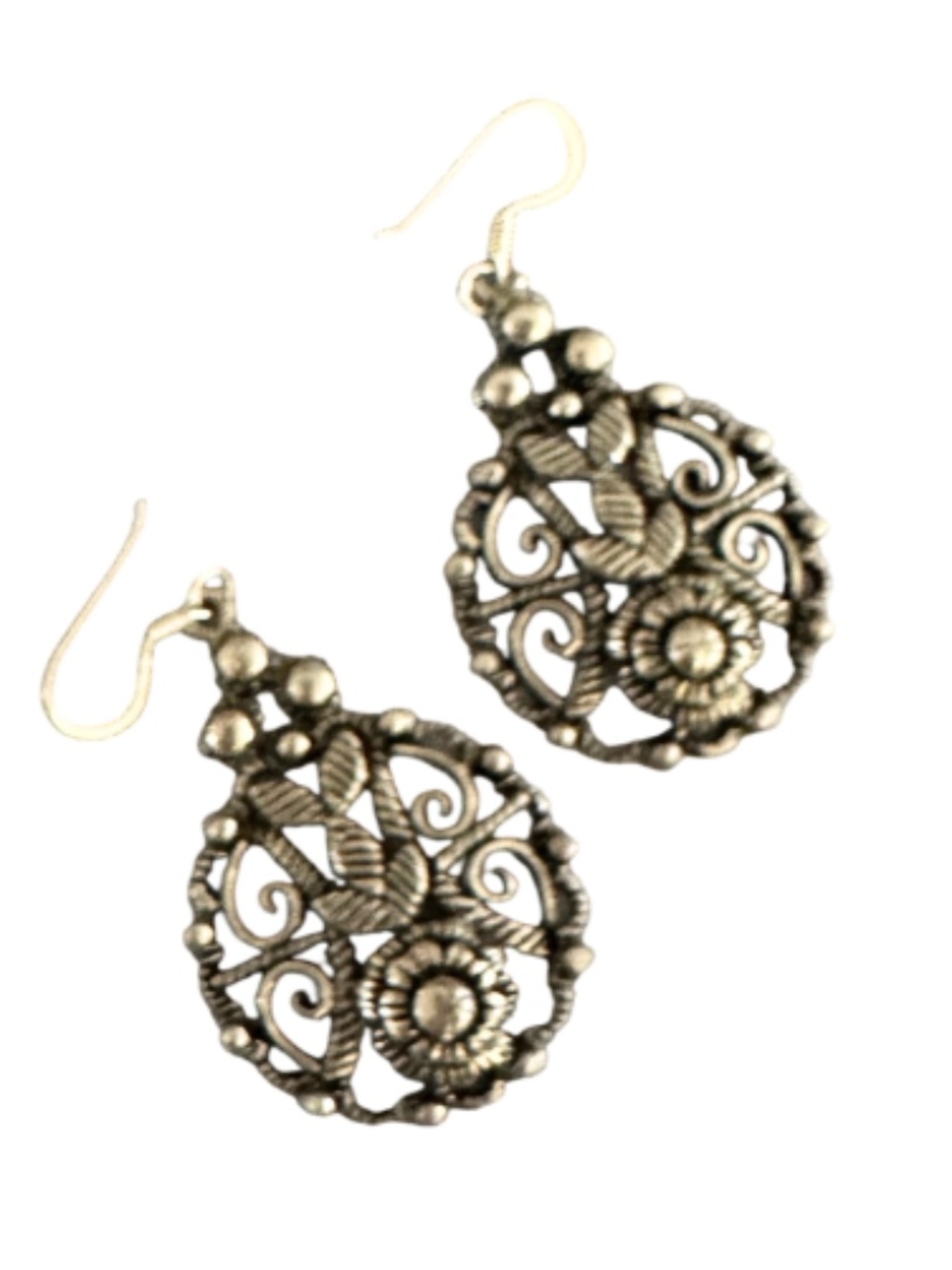 Vintage-Style Filigree Drop Earrings – Silver Tone, Floral Scroll, 1.75" Drop